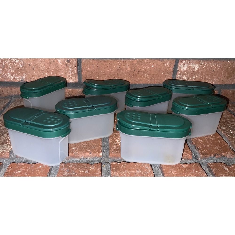 Tupperware 8 Spice Shaker Set Forest Green Flip Top Lid 1843 Modular Mates